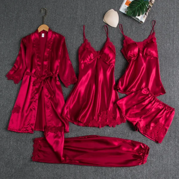 5PC Silk Robe Sleep Suit Lace Satin Pajamas Gown Set V-Neck Cami Nighties