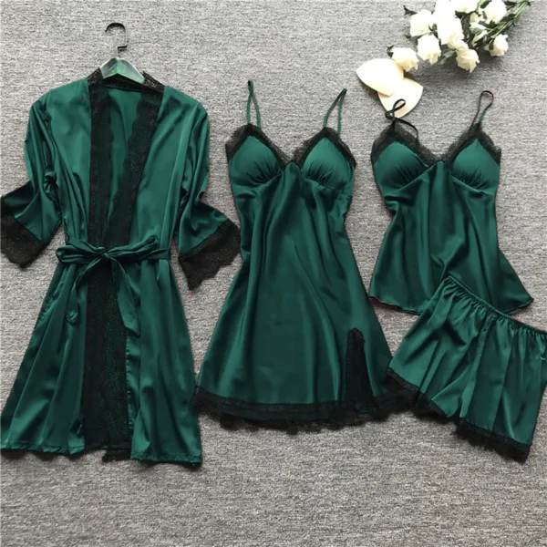 4PC Silk Sexy Lingerie Women Silk Lace Robe Dress Green Sleepwear Nightdress